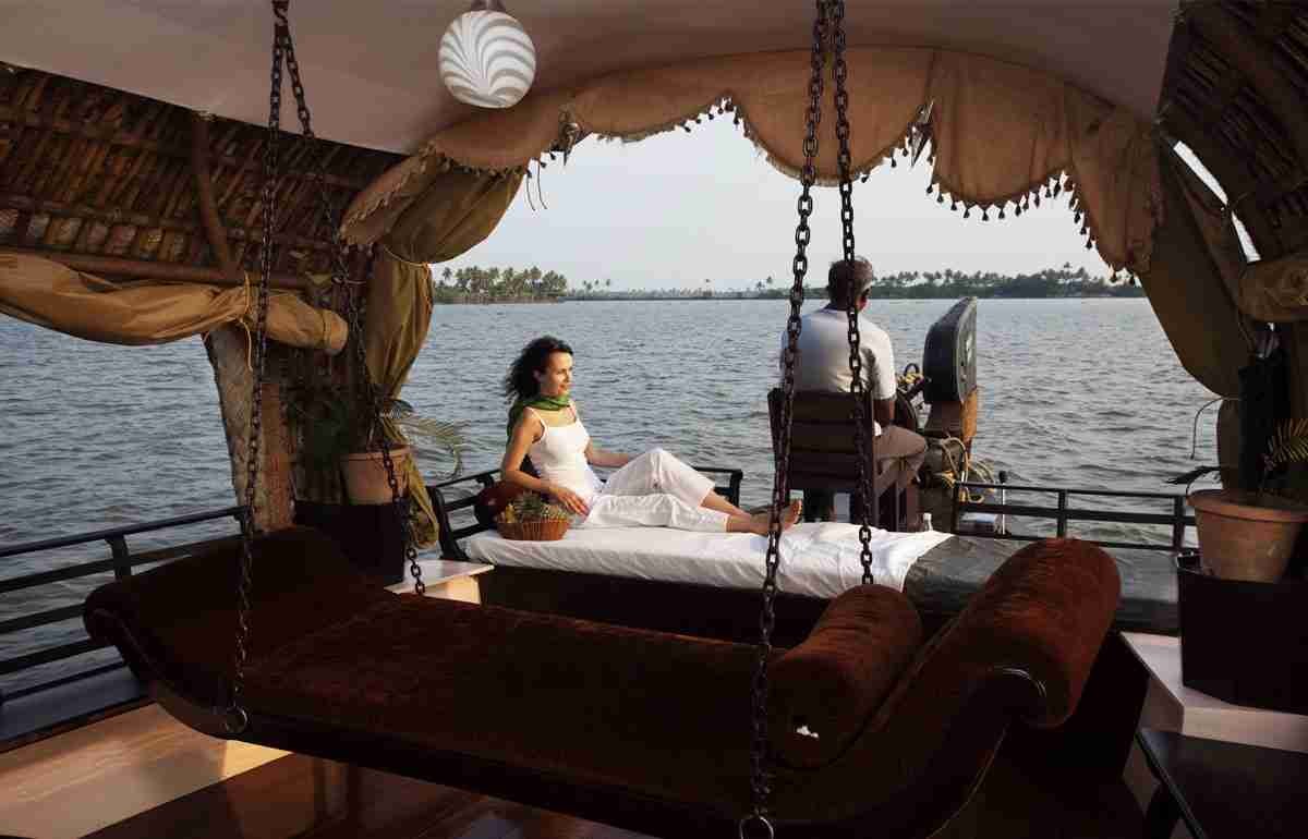 Kerala houseboat dining area overlooking the backwaters