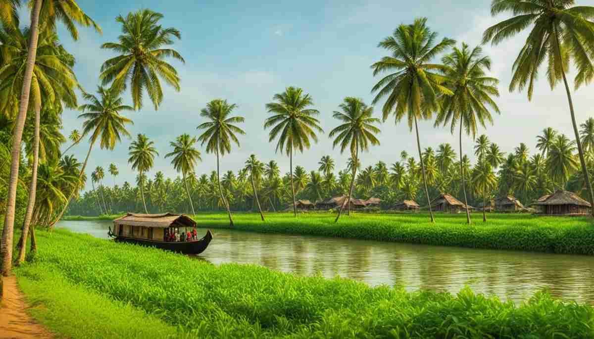 Traditional boat cruising through the lush green Kerala backwaters